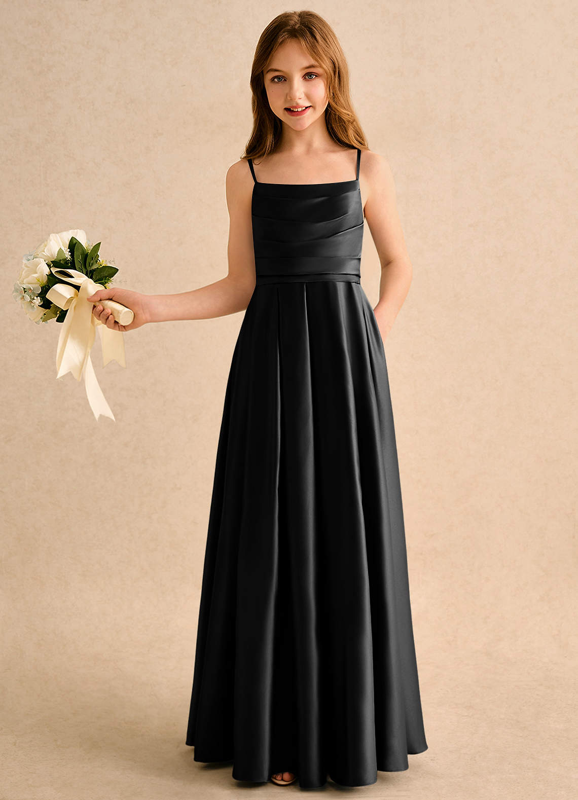 Azazie Reia Girls Formal Black A-Line Pleated Matte Satin Dress Ready to Ship | Azazie Azazie Reia Girls Formal Black A-Line Pleated Matte Satin Dress Ready to Ship | Azazie