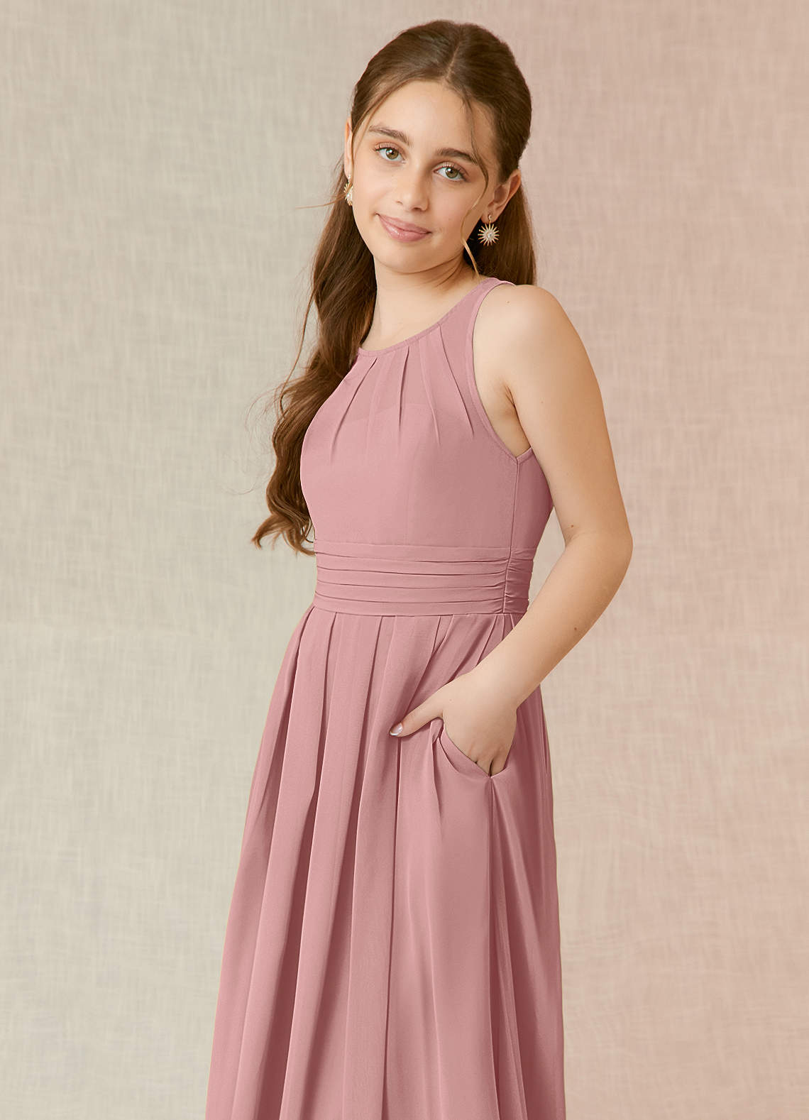 Azazie Bibiane Junior Dusty Rose A-Line Pleated Chiffon Dress image6