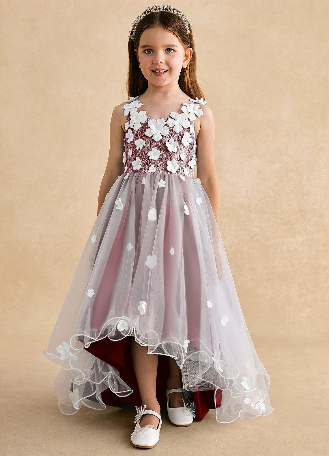 Azazie Celia Flower Girl Dresses Burgundy A-Line Lace Tulle Dress image6