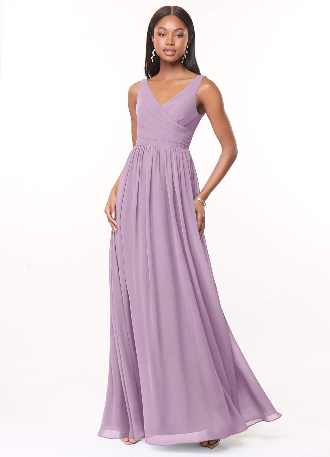 Azazie Keyla Bridesmaid Dresses Wisteria A-Line V-Neck Pleated Chiffon Dress image1