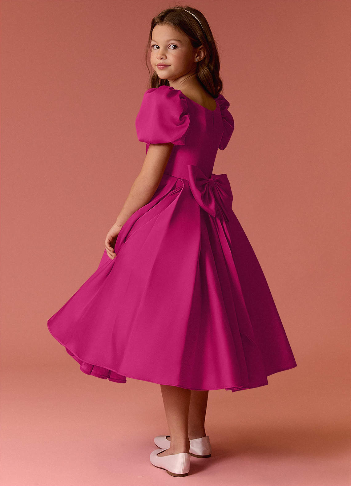 Barbie ♥ Azazie Flower Girl Dresses Puff Sleeve Bow Box Pleat Stretch Satin Dress image4