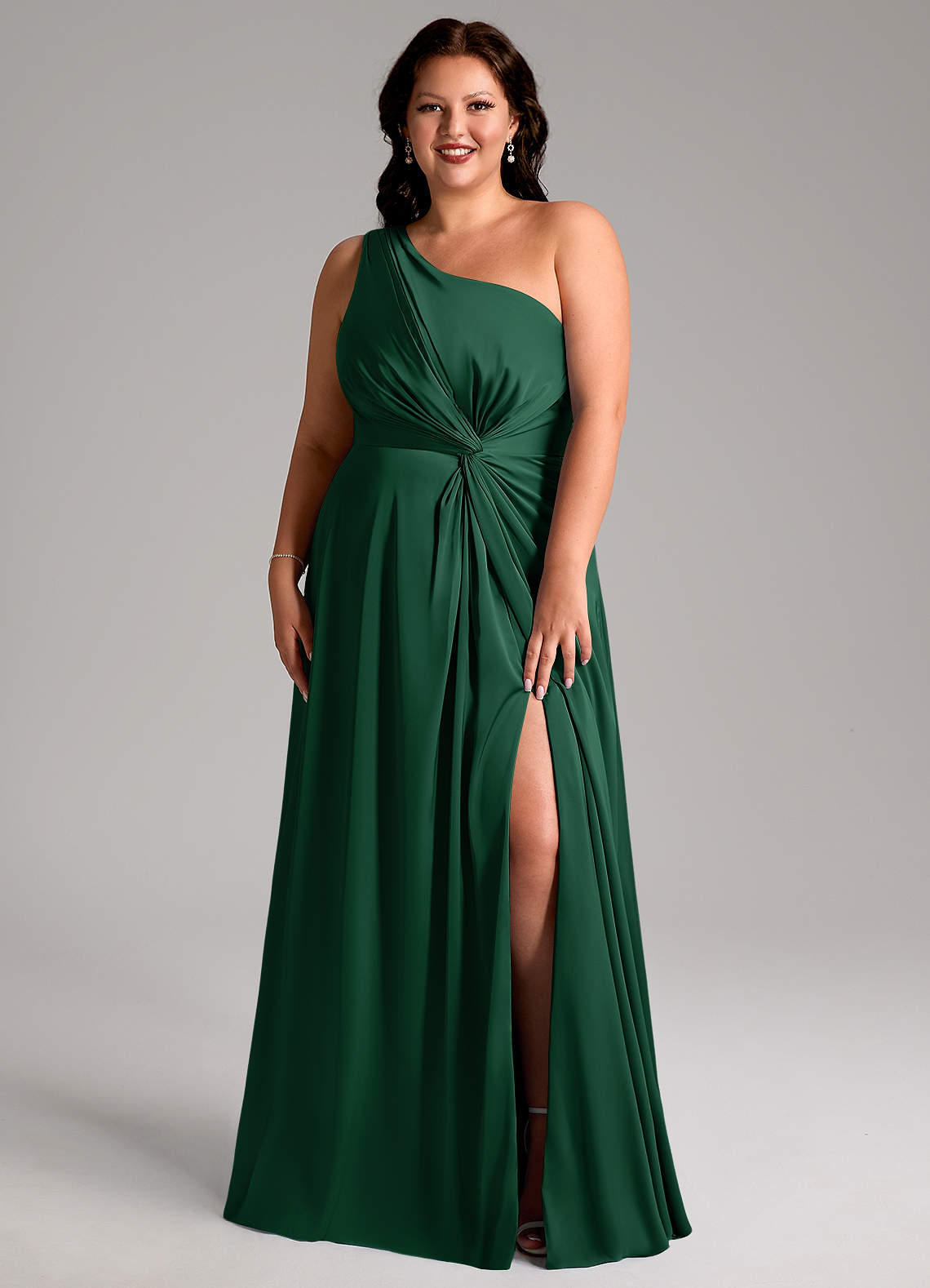 Azazie Brooke Vestidos de damas de honor Vestido de Verde Oscuro de Satén Elástico de Corte en A con Hombro unilateral image7