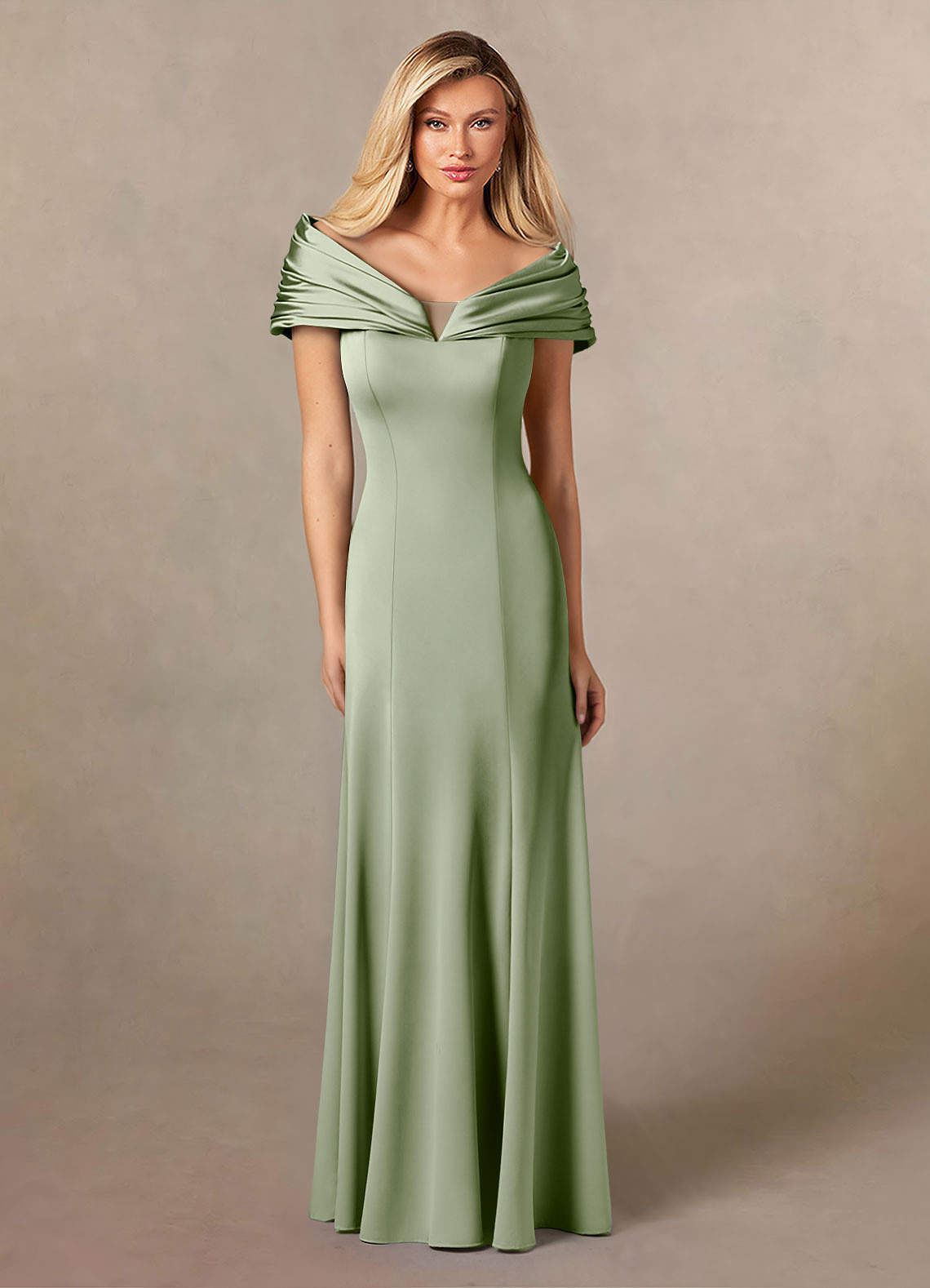 Azazie Auberdeen Mother of the Bride Dresses Dusty Sage Mermaid Pleated Stretch Satin Dress image1