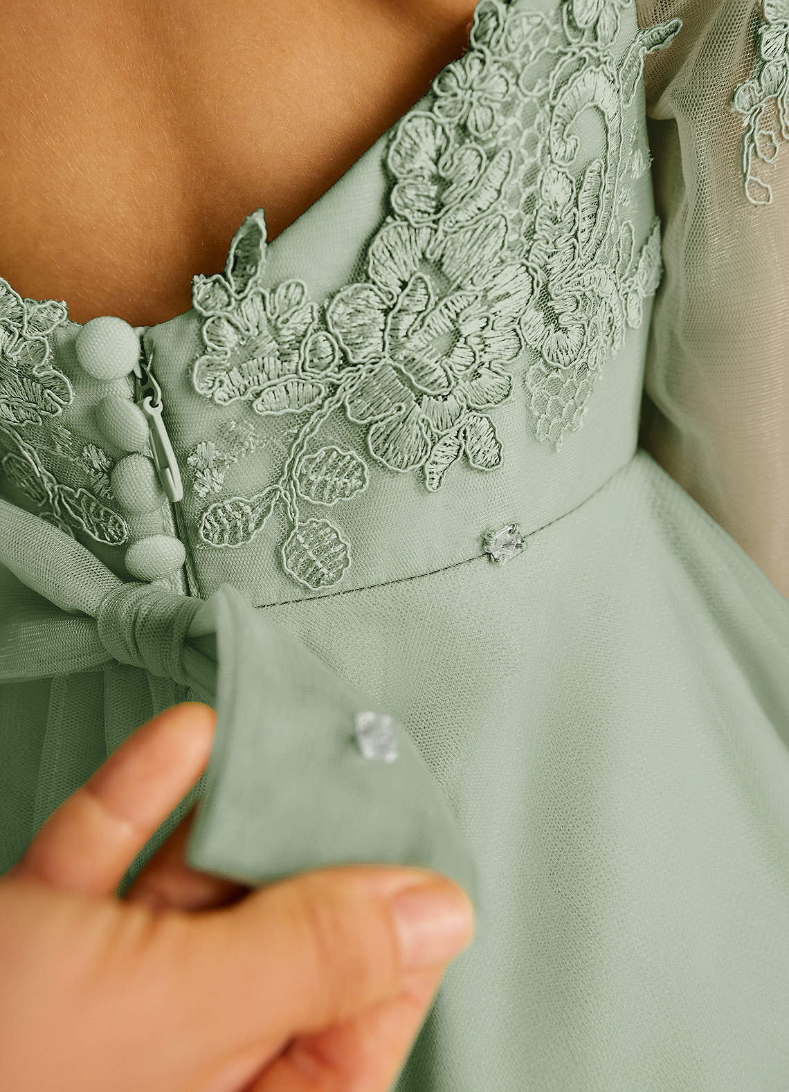 Azazie Precious Flower Girl Dresses Dusty Sage A-Line Lace Tulle Dress image5