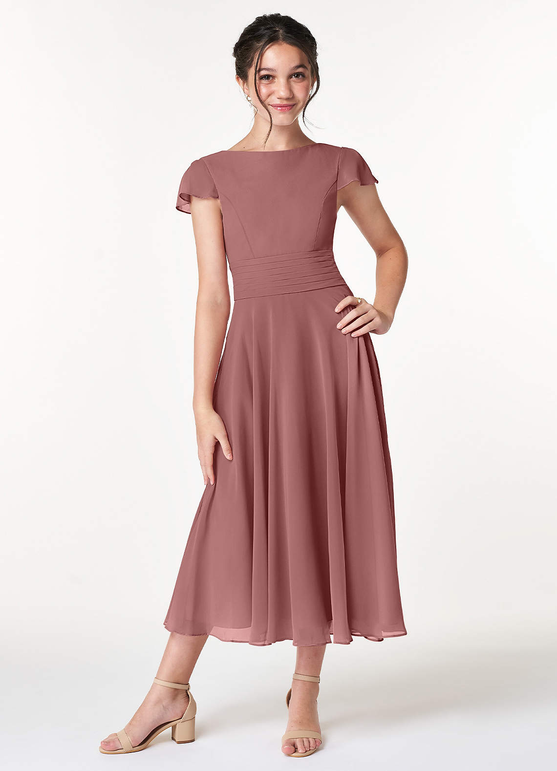 Azazie Payton Junior Desert Rose A-Line Bow Chiffon Dress image1