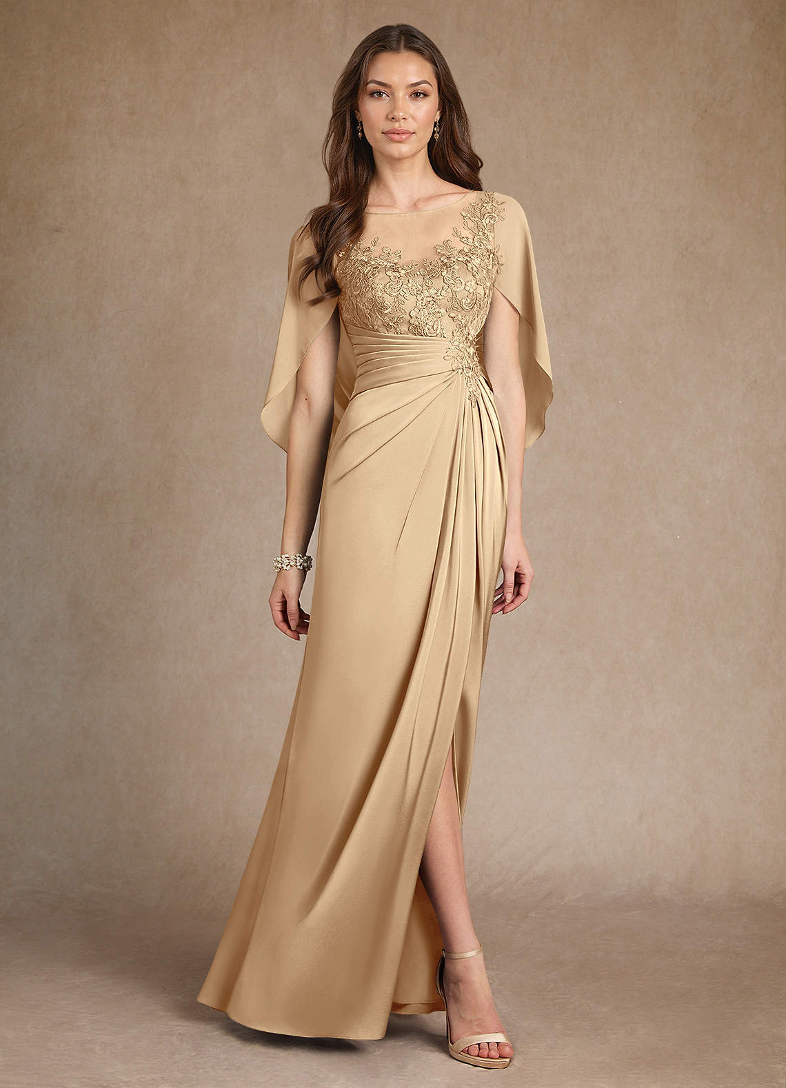 Azazie Hera Mother of the Bride Dresses Champagne A-Line Lace Stretch Satin Dress image3