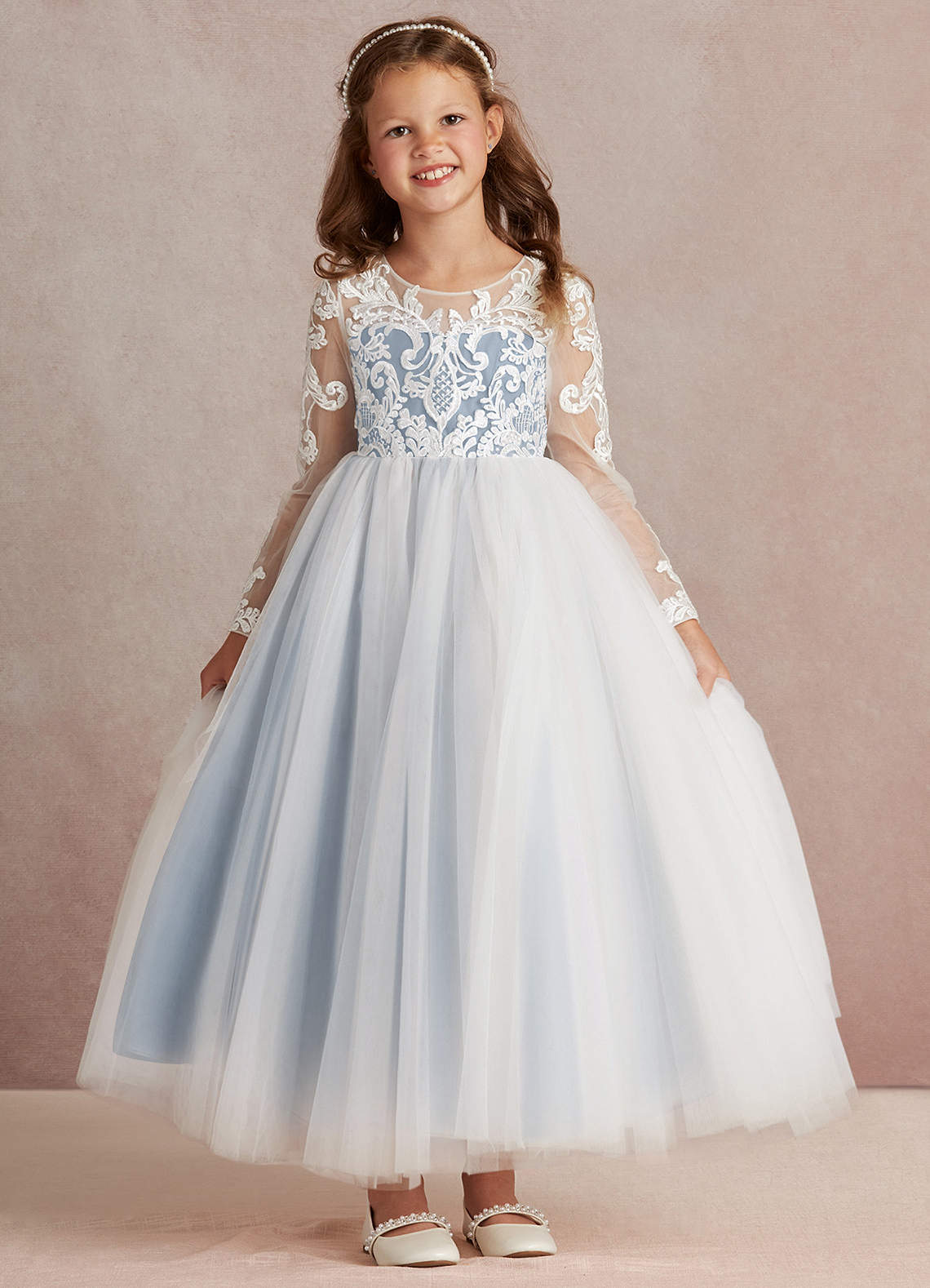 Azazie Elodie Robe Demoiselle D'honneur Fillette Robe Princesse en Dentelle Ivoire Bleu Poudré image2
