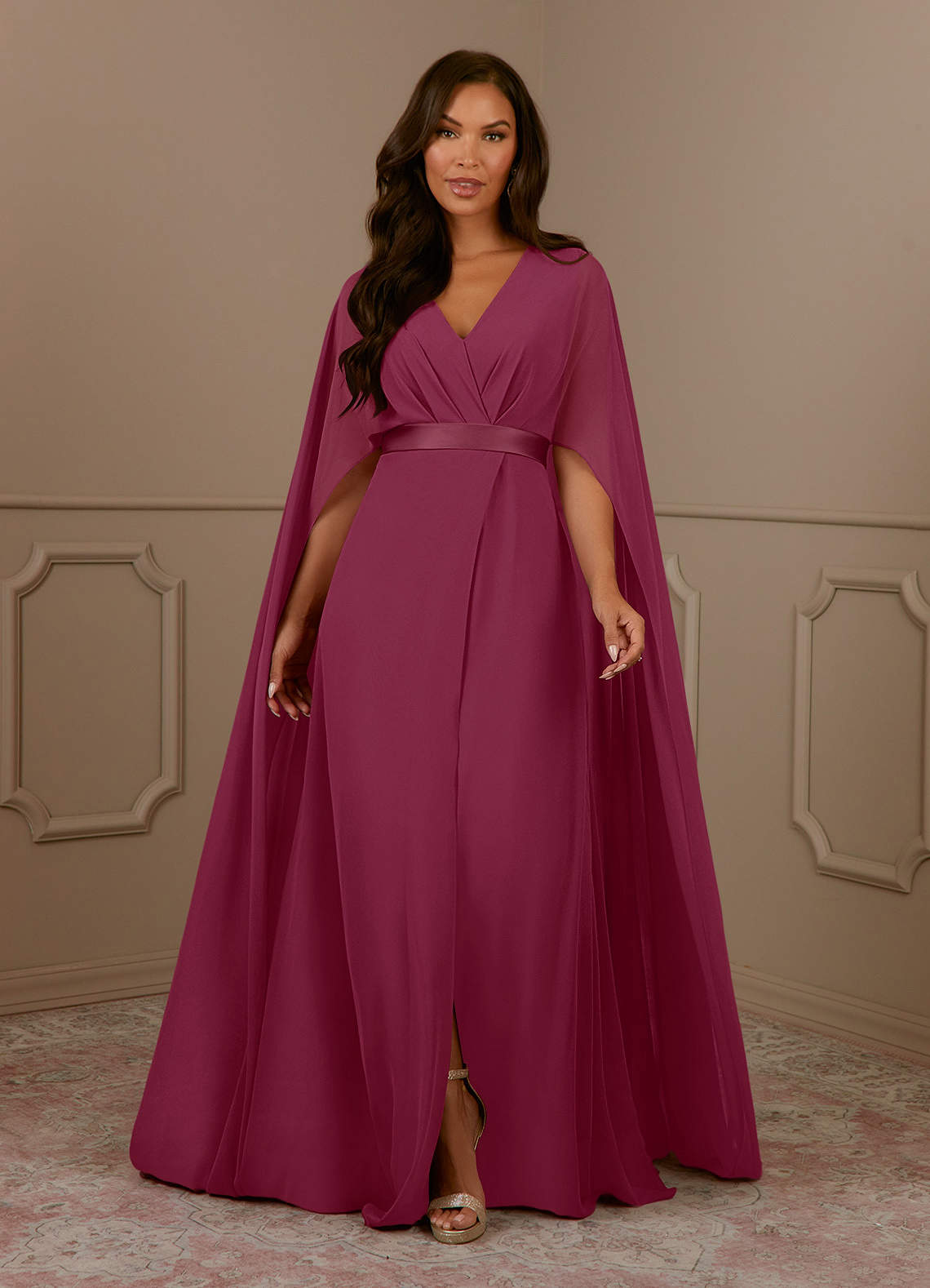 Floor Length V-Neck Pleated Chiffon A-Line Dress