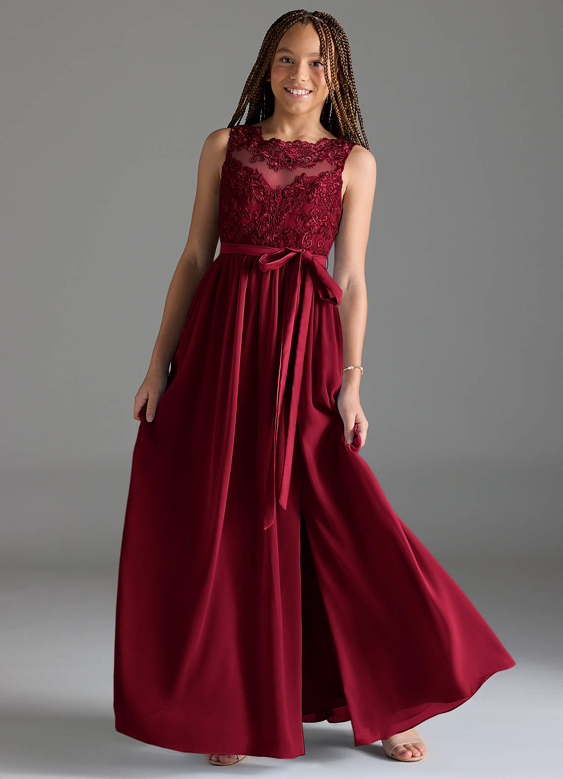 Azazie Elly Junior Burgundy A-Line Lace Chiffon Dress image1