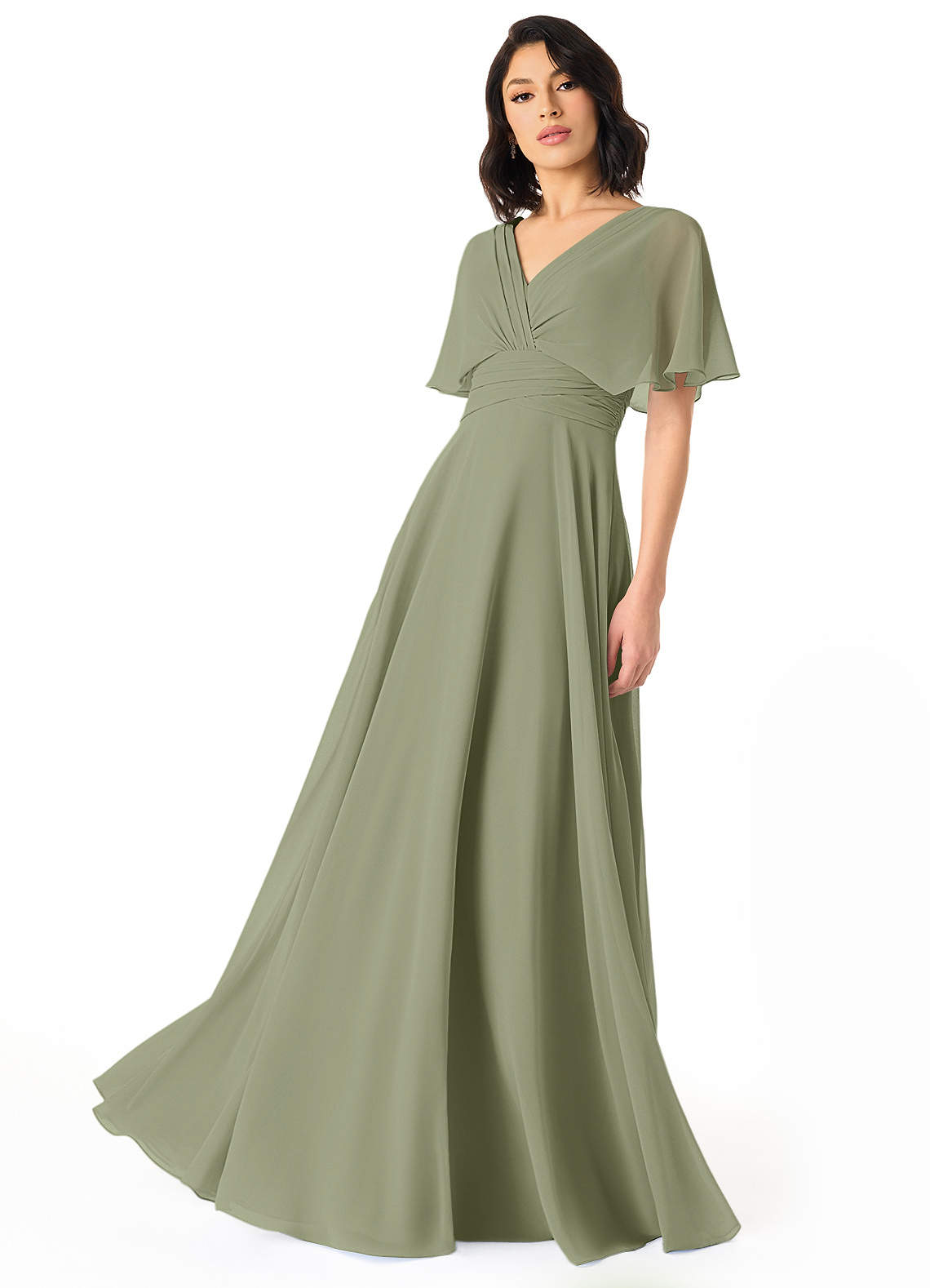 Azazie Pamela Abiti da Damigella Abito A-Line in Chiffon con Scollo a V a Pieghe Pistacchio image1
