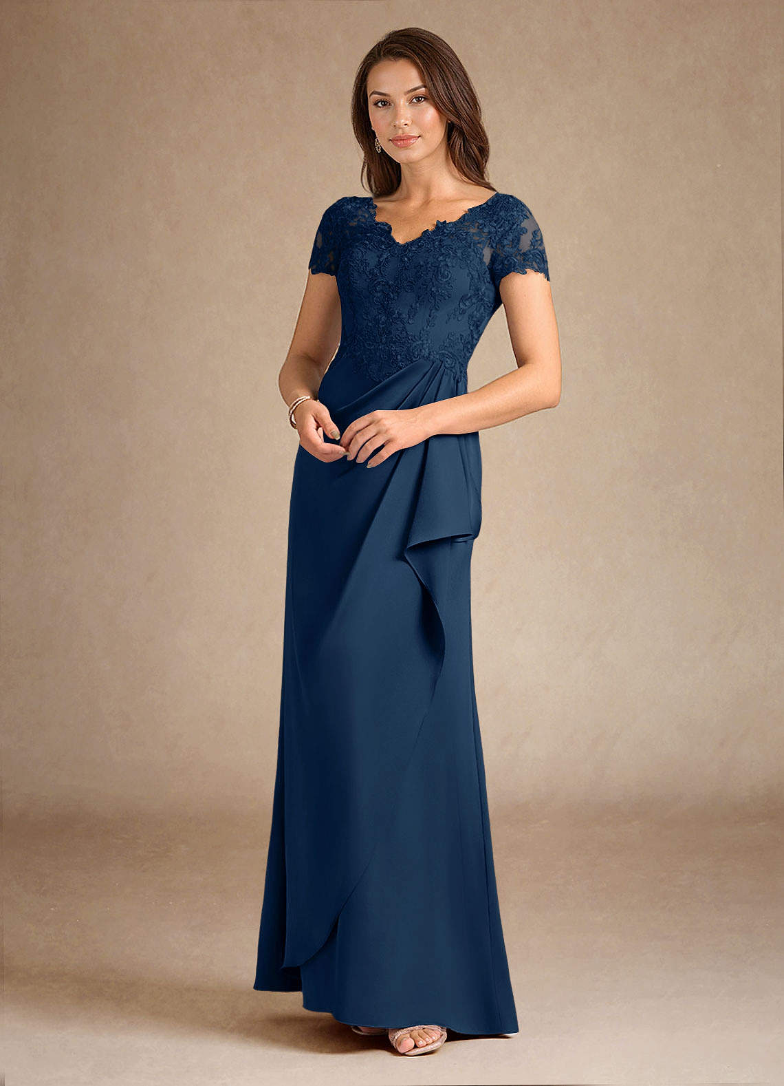Azazie Santa Ana Dark Navy A-Line Lace Stretch Satin Dress Ready to Ship |  Azazie