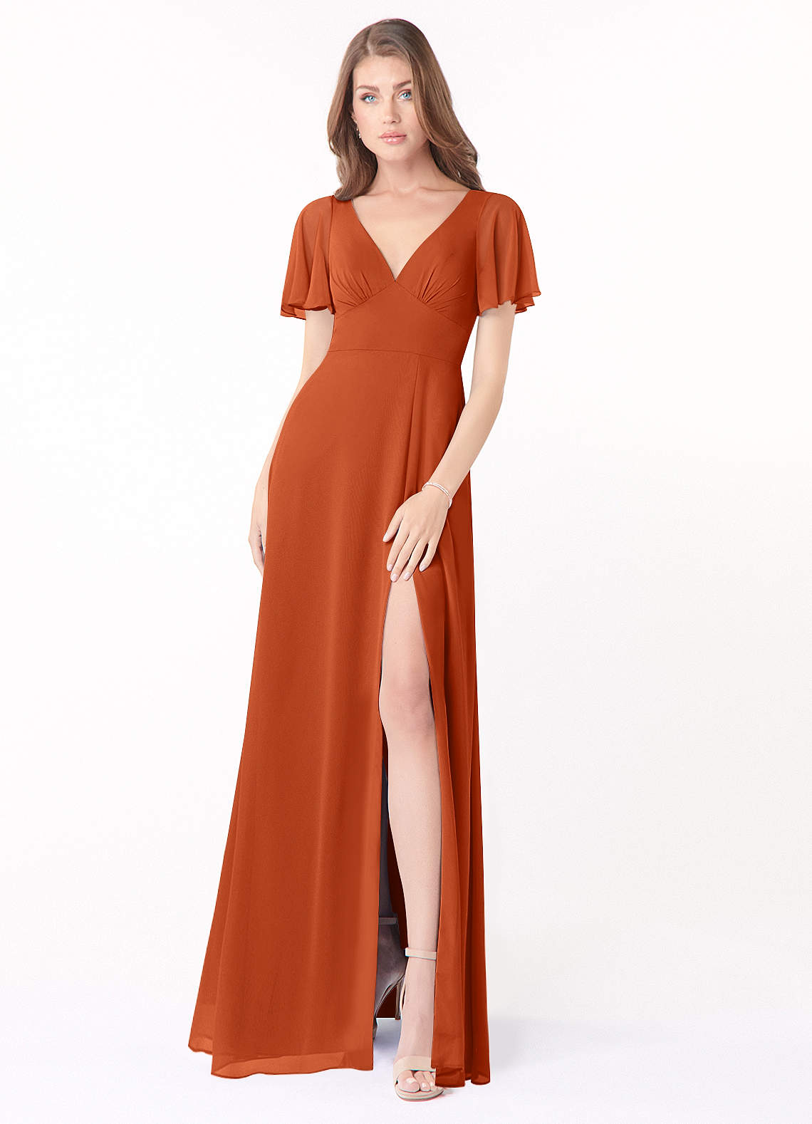 Azazie Kimber Robes de demoiselle d'honneur Robe Trapèze en Mousseline de soie Manches à volants Orange Brûlée image1