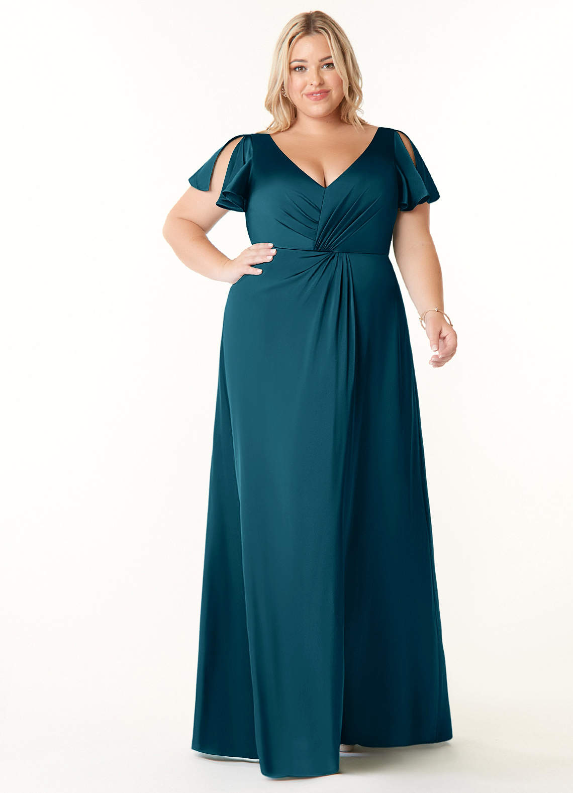 Azazie Soren Bridesmaid Dresses Ink Blue A-Line Pleated Stretch Satin Dress image1