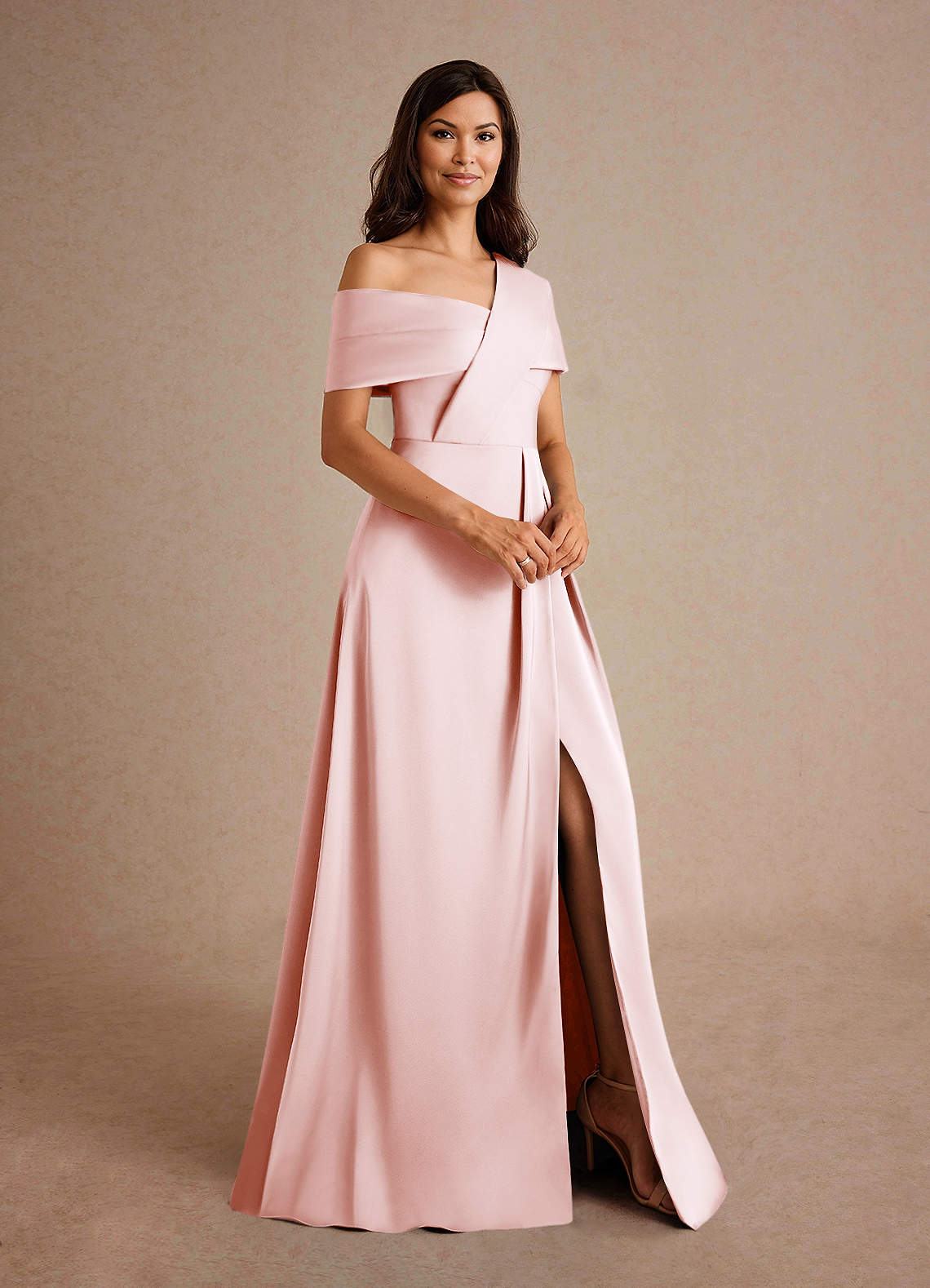 Azazie Milton Mother of the Bride Dresses Blushing Pink A-Line Pleated Stretch Satin Dress image5
