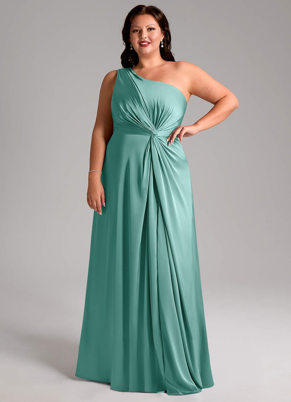 Azazie Brooke Vestidos de damas de honor Vestido de Aqua de Satén Elástico de Corte en A con Hombro unilateral image11