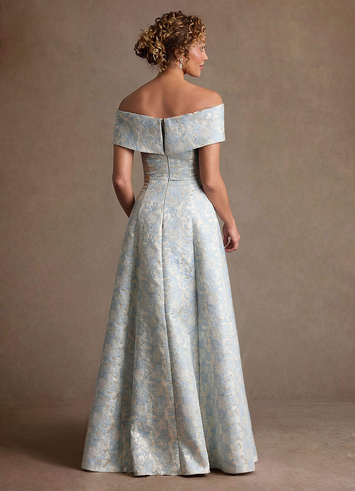 Azazie Harriett Mother of the Bride Dresses Dusty Blue A-Line Off the Shoulder Floral Jacquard Dress image3
