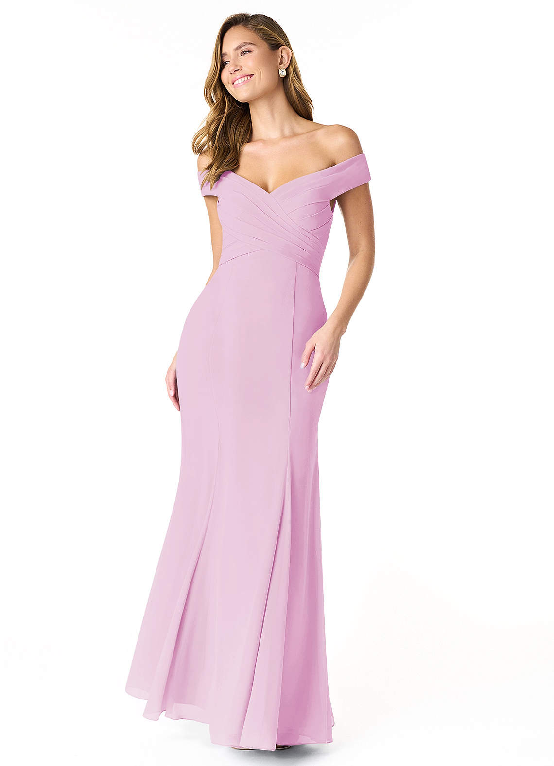 Azazie Lecia Bridesmaid Dresses Candy Pink Empire Off-The-Shoulder Pleated Chiffon Convertible Dress image1