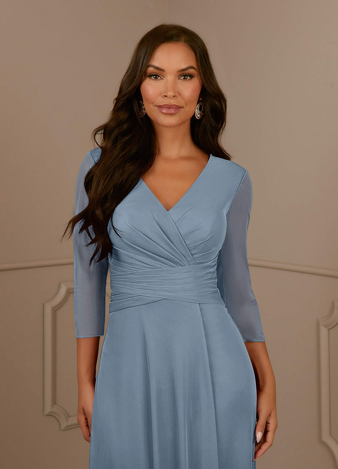 Azazie Annetta Abiti per la Madre della Sposa Abito A-Line in Maglia Plissettao con Scollo a V Blu Polveroso image4