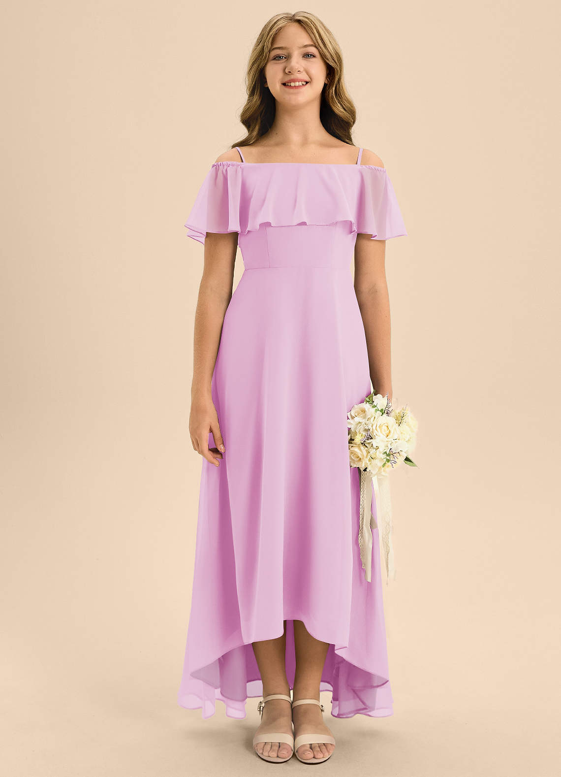 Azazie Maggie Junior Candy Pink A-Line Off the Shoulder Chiffon Dress image1