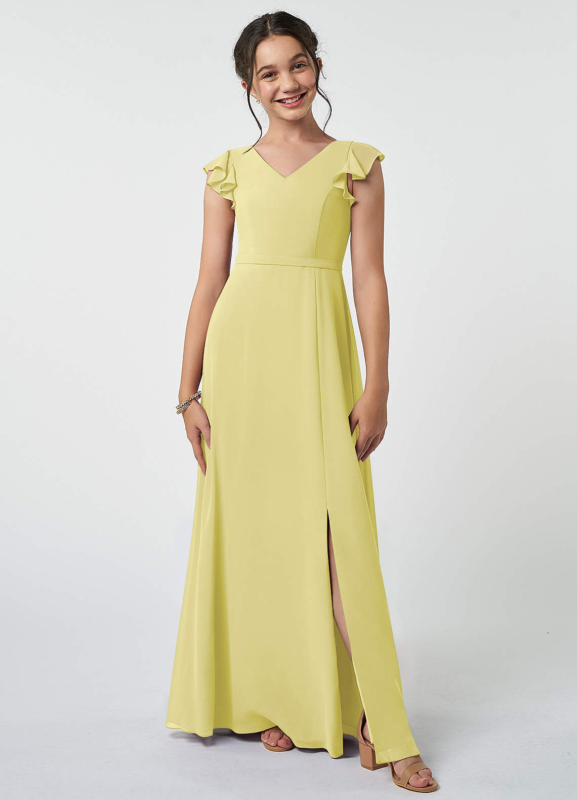 Azazie Claudine Junior Lemon Sorbet A-Line Pleated Chiffon Dress image1
