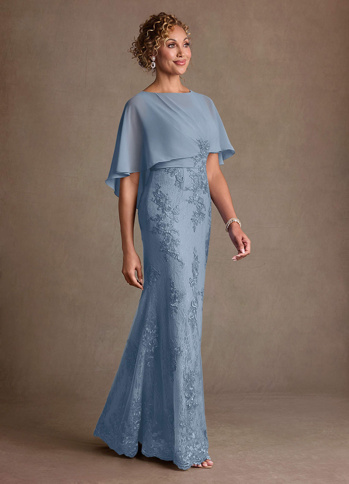 Azazie Amrita Mère de la mariée Robes Robe Sirène en Mousseline de soie Dentelle Bleu Poussiéreux image1