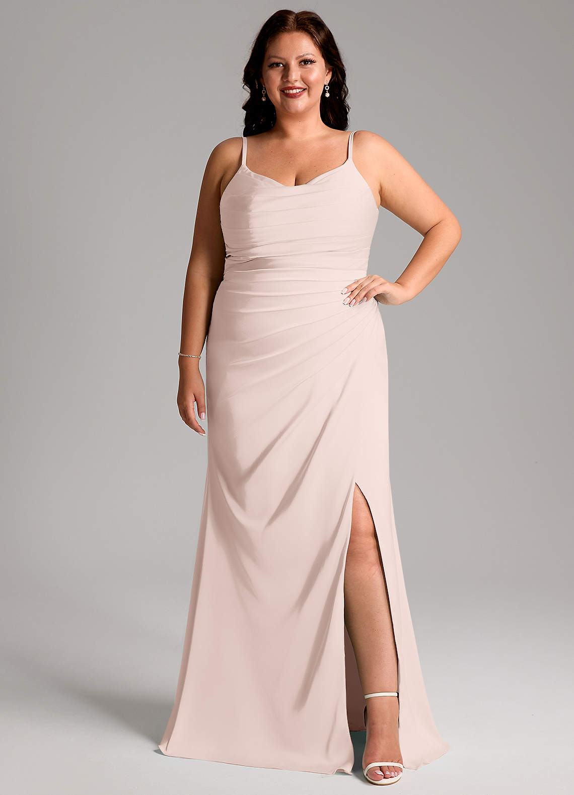 Azazie Deandra Bridesmaid Dresses Blushing Pink Mermaid Pleated Stretch Satin Dress image1
