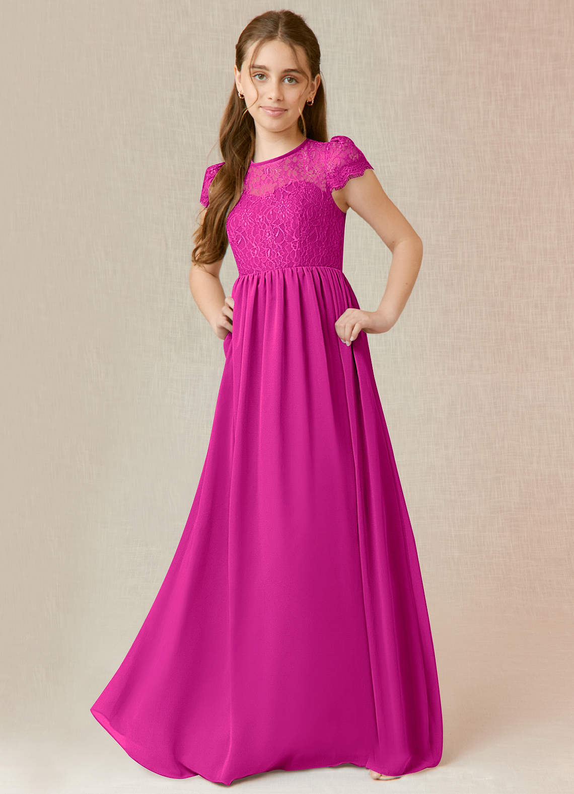 Azazie Delevingne Junior Jurk van Chiffon met A-Lijn Kant Fuchsia image1