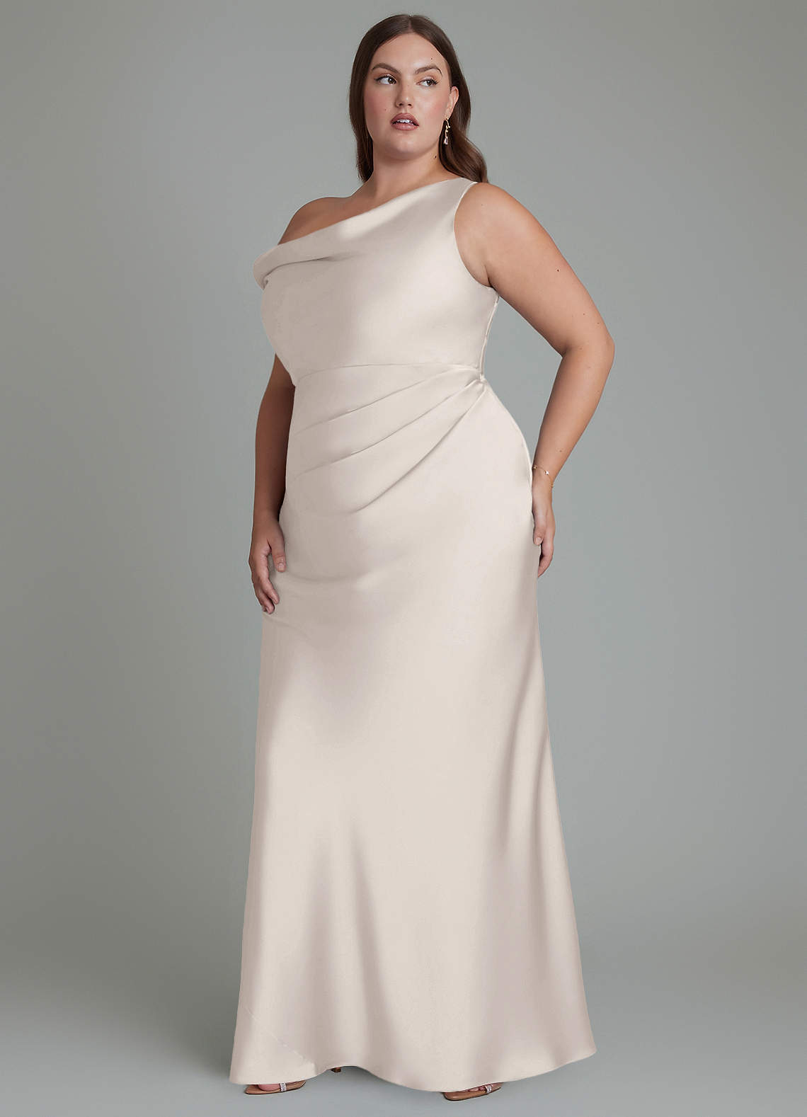 off white bridesmaid dresses Azazie Mermaid One-Shoulder Floor-Length Stretch Satin Striped Multiway Cover-Up Dress