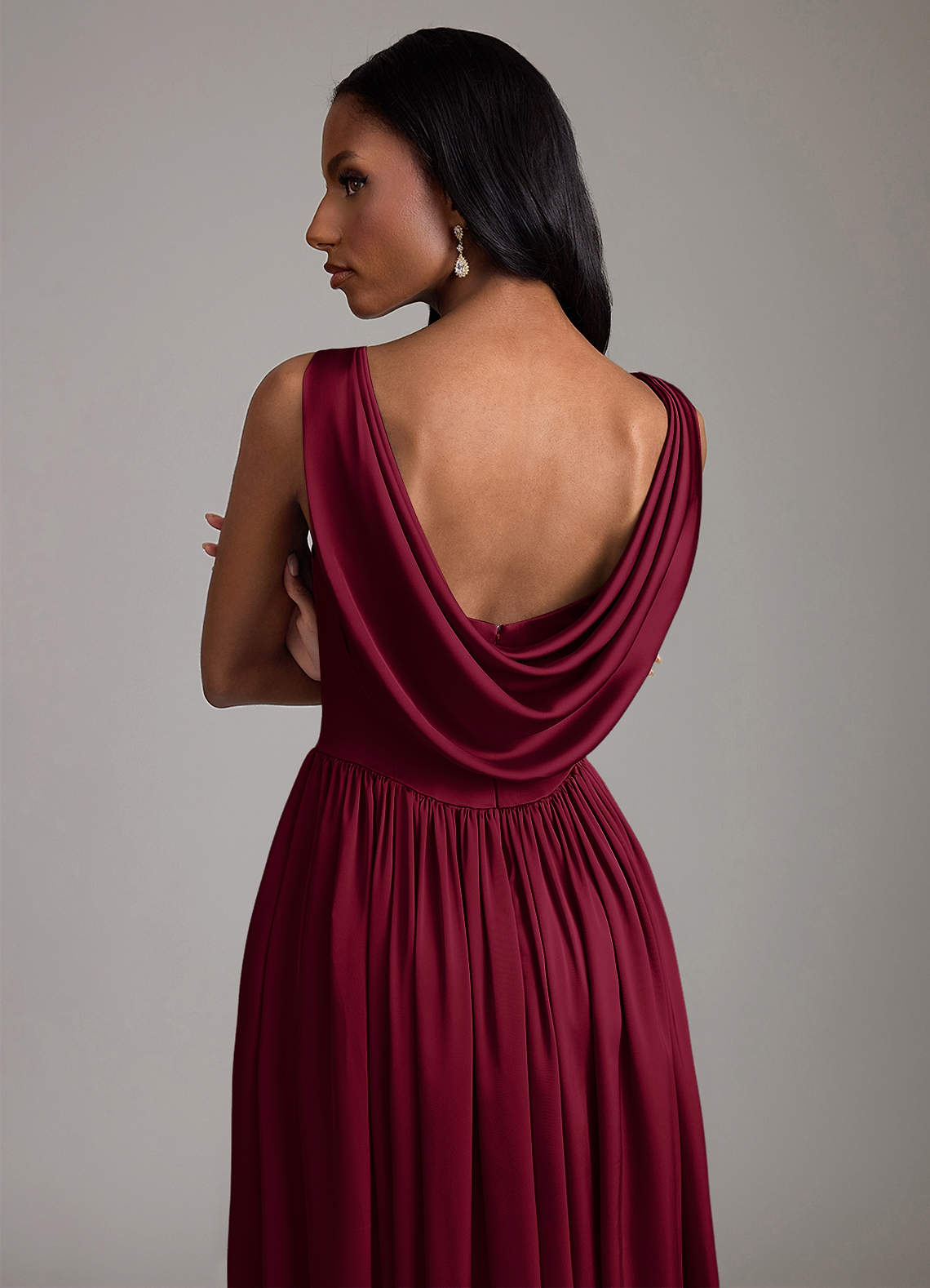Azazie Novi Bridesmaid Dresses Burgundy A-Line with Pockets Stretch Satin Dress image3