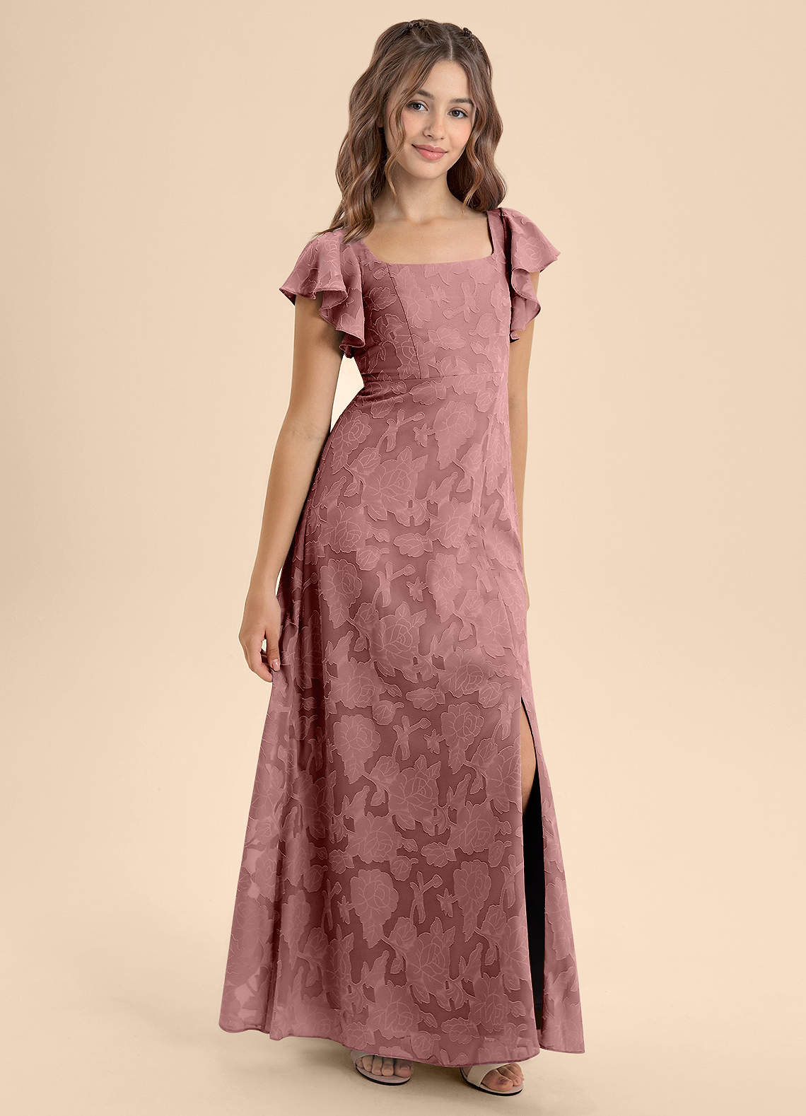 Azazie Bondi Junior Dusty Rose A-Line Bow Floral Burnout Dress image5