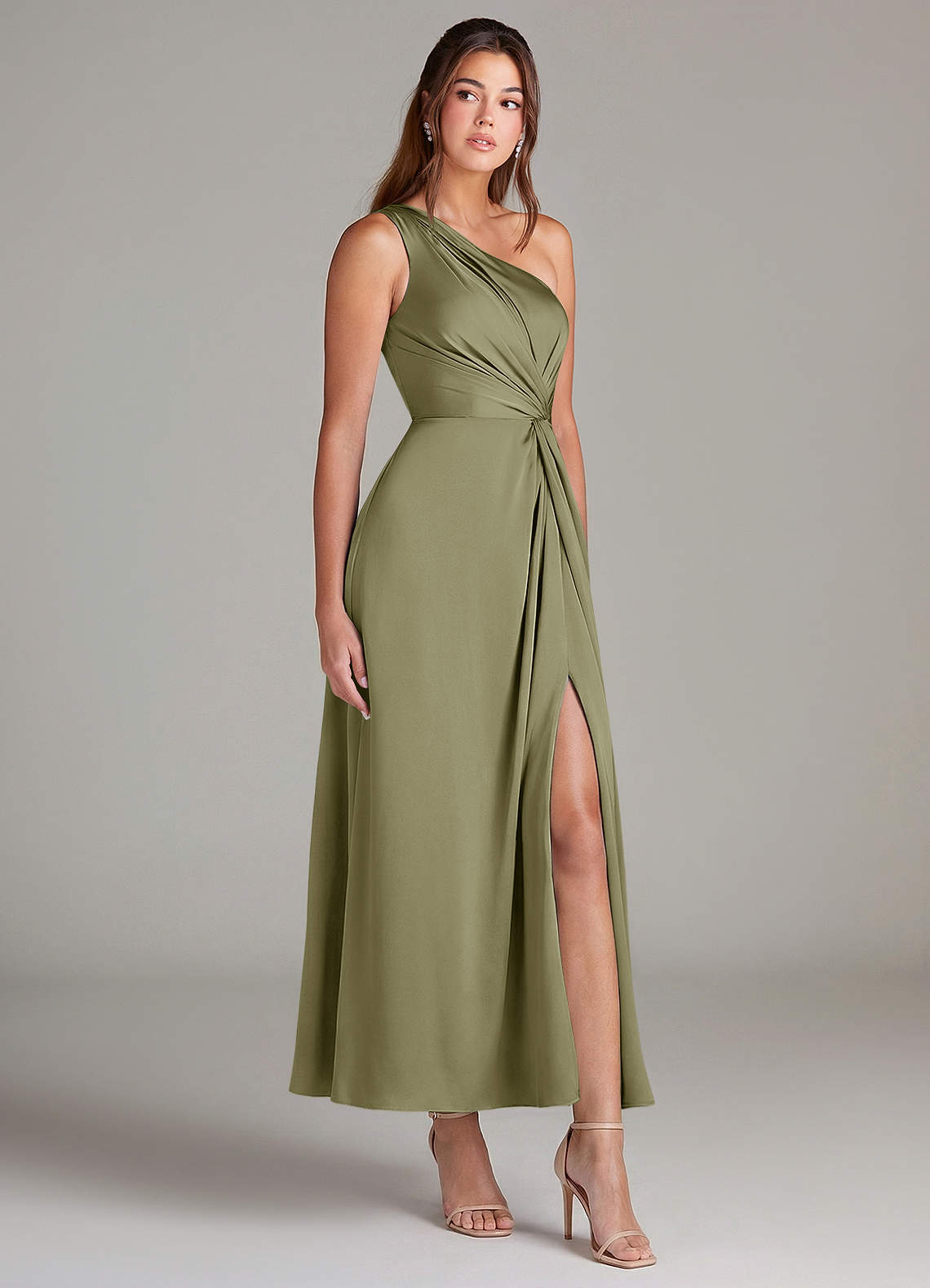 Azazie Brooke Brautjungfernkleider A-Linie One-Shoulder Stretch-Satin Kleid Pistazie image3