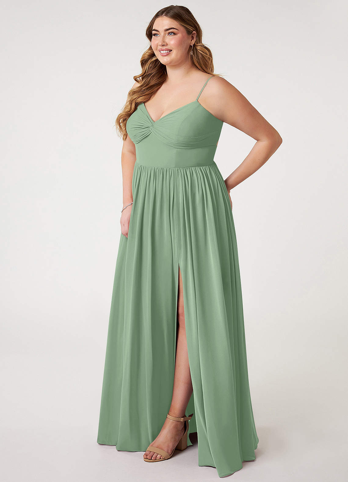 Azazie Zeya Bridesmaid Dresses Matcha A-Line V-Neck Pleated Chiffon Dress image7