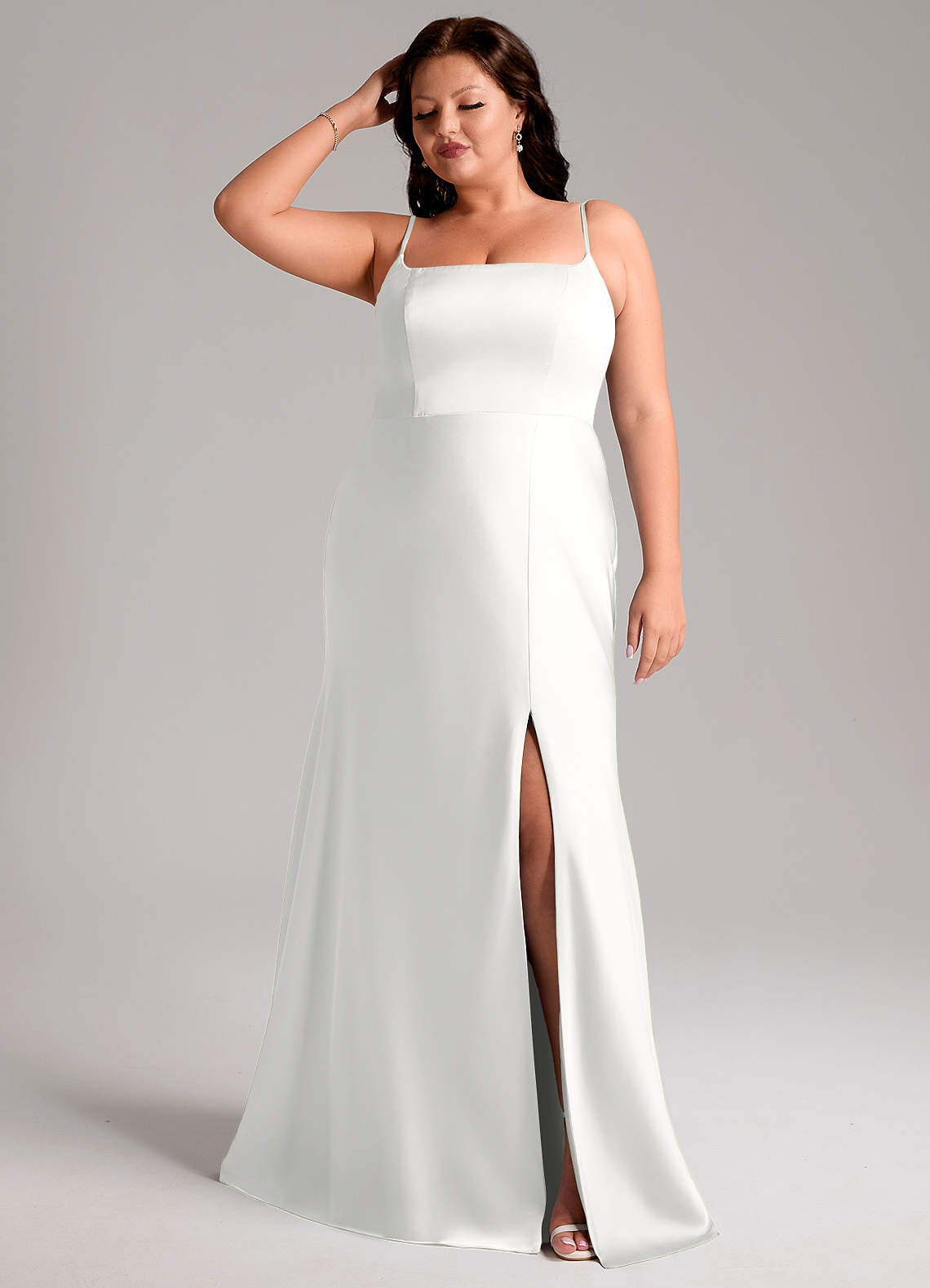 Azazie Lidia Abiti da Damigella Abito Sirena in Raso Elasticizzato Spacco Laterale Bianco image1