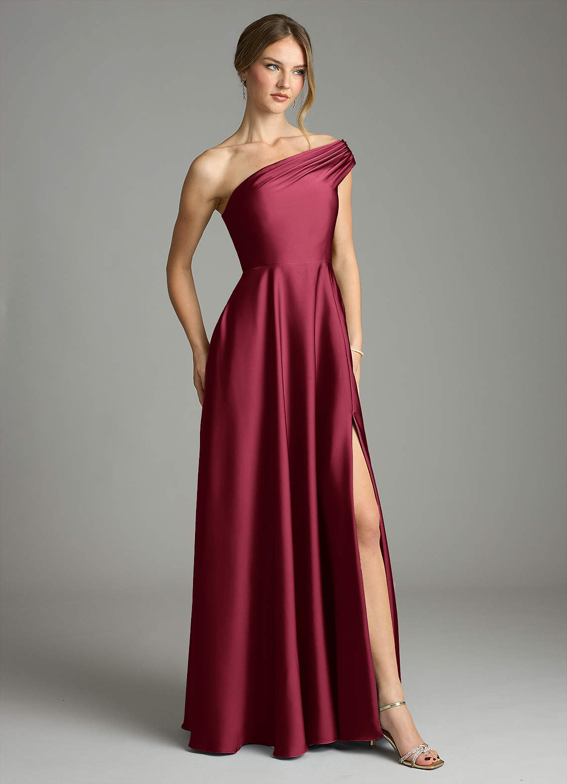 Azazie Melanie Bridesmaid Dresses Burgundy A-Line Off the Shoulder Stretch Satin Dress image4