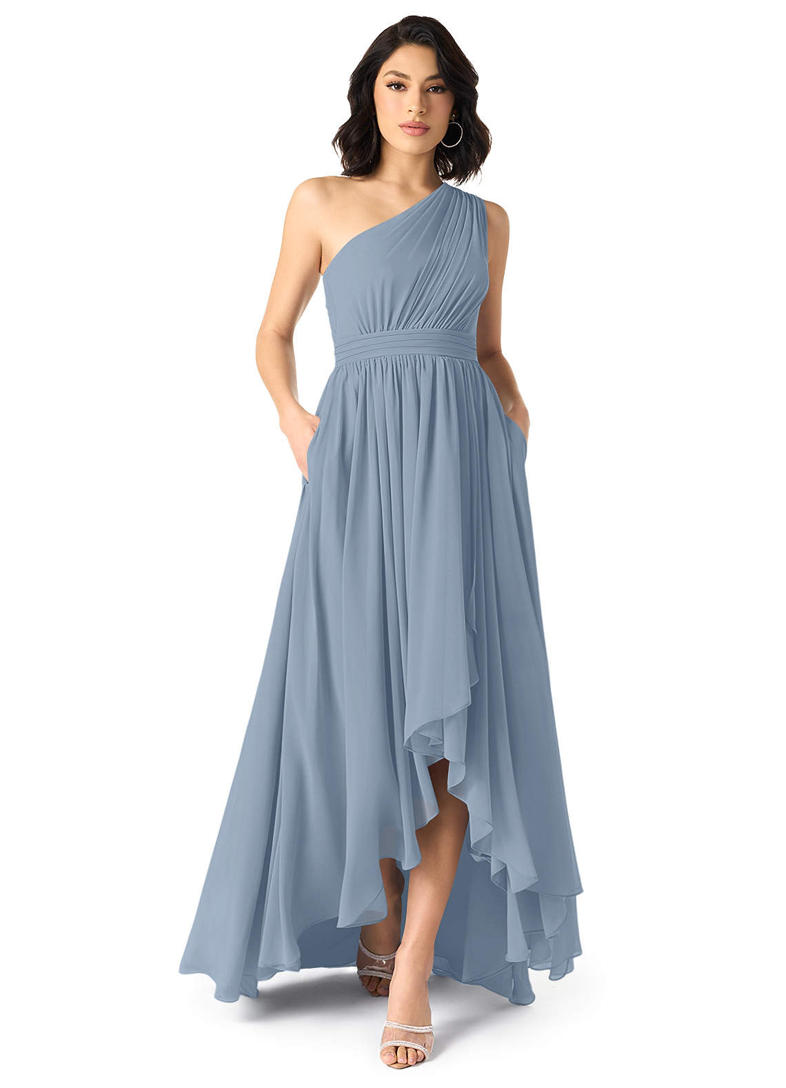 Azazie Mathilda Bridesmaid Dresses Dusty Blue A-Line One Shoulder Chiffon Dress image1