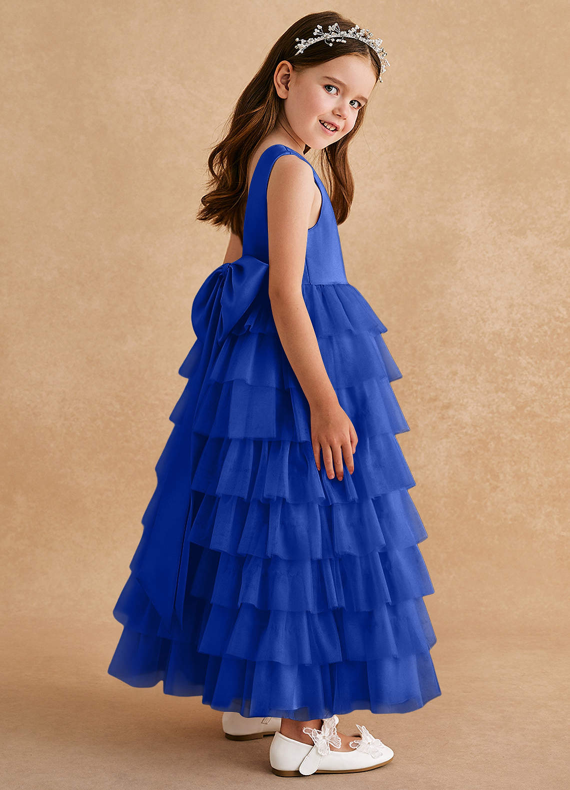 Azazie Twinkle Toes Royal Blue A-Line Bow Tulle Dress | Azazie