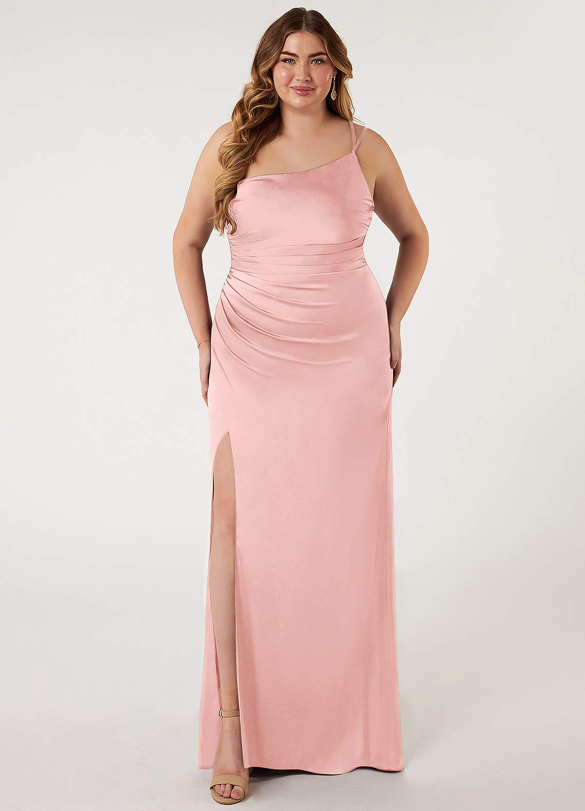 Azazie Eren Bridesmaid Dresses Powder Pink Mermaid One Shoulder Stretch Satin Dress image1