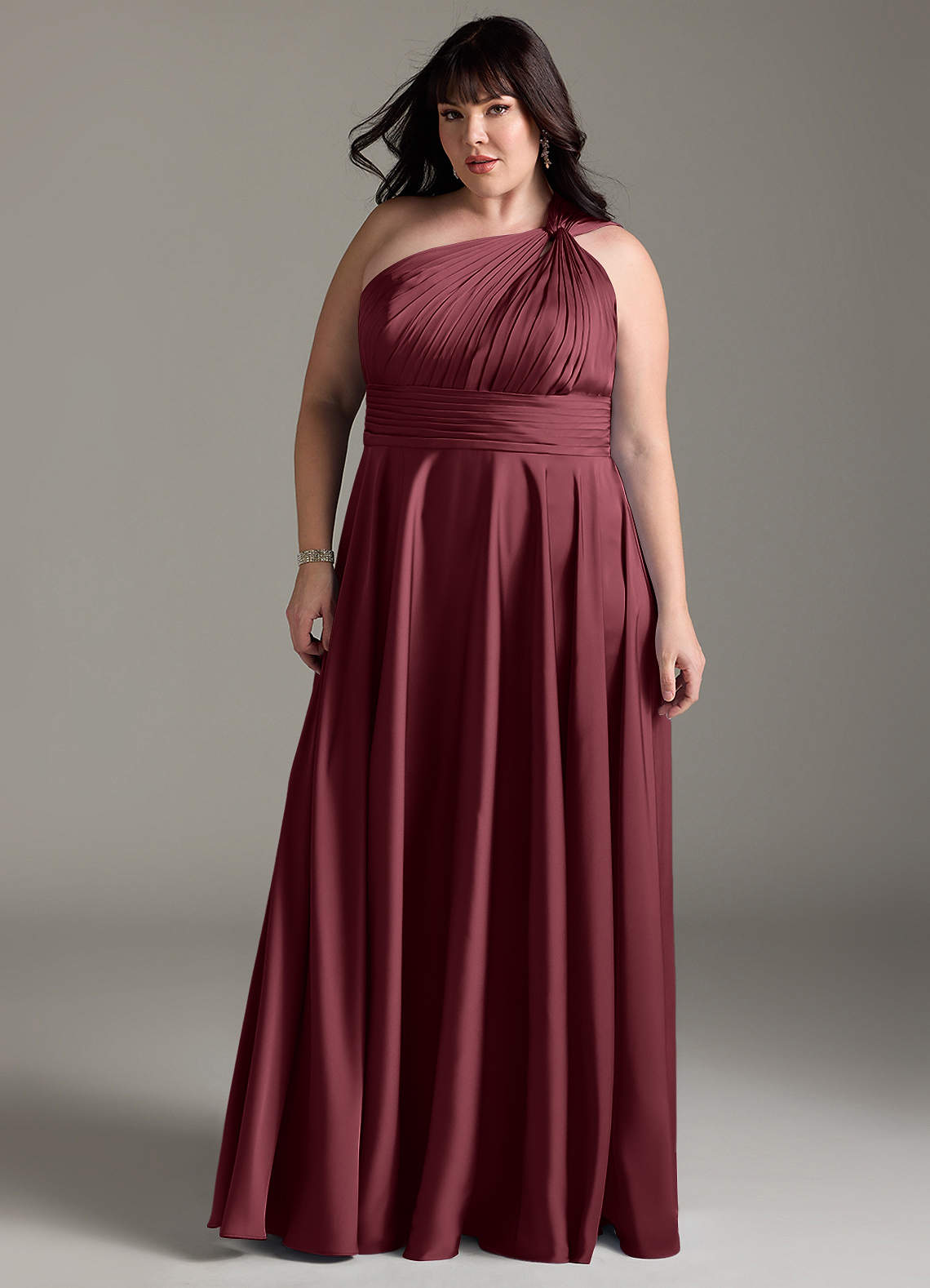 Azazie Charlize Vestidos de damas de honor Vestido de Merlot de Satén Elástico de Corte en A con Hombro unilateral image12