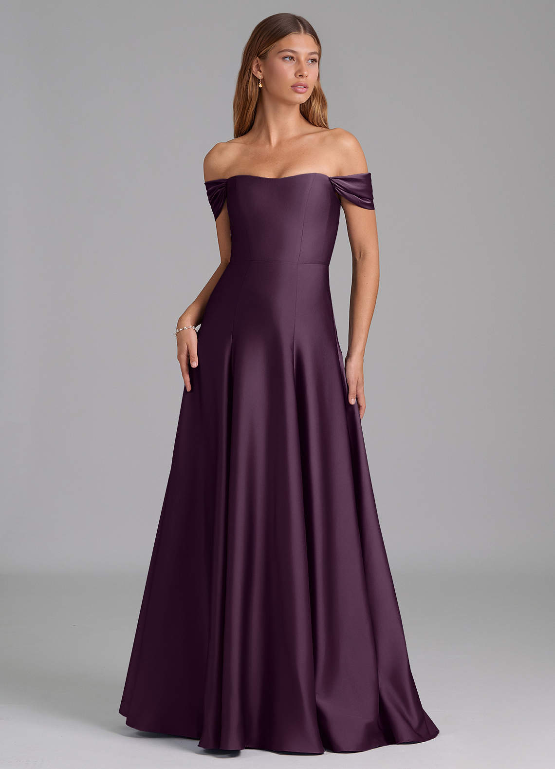 Azazie Seriana Bridesmaid Dresses Plum A-Line Off the Shoulder Stretch Satin Convertible Dress image1
