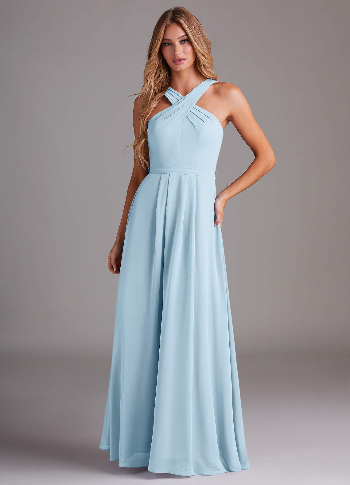 Azazie Dixie Bridesmaid Dresses Sky Blue A-Line Halter Pleated Chiffon Dress image1
