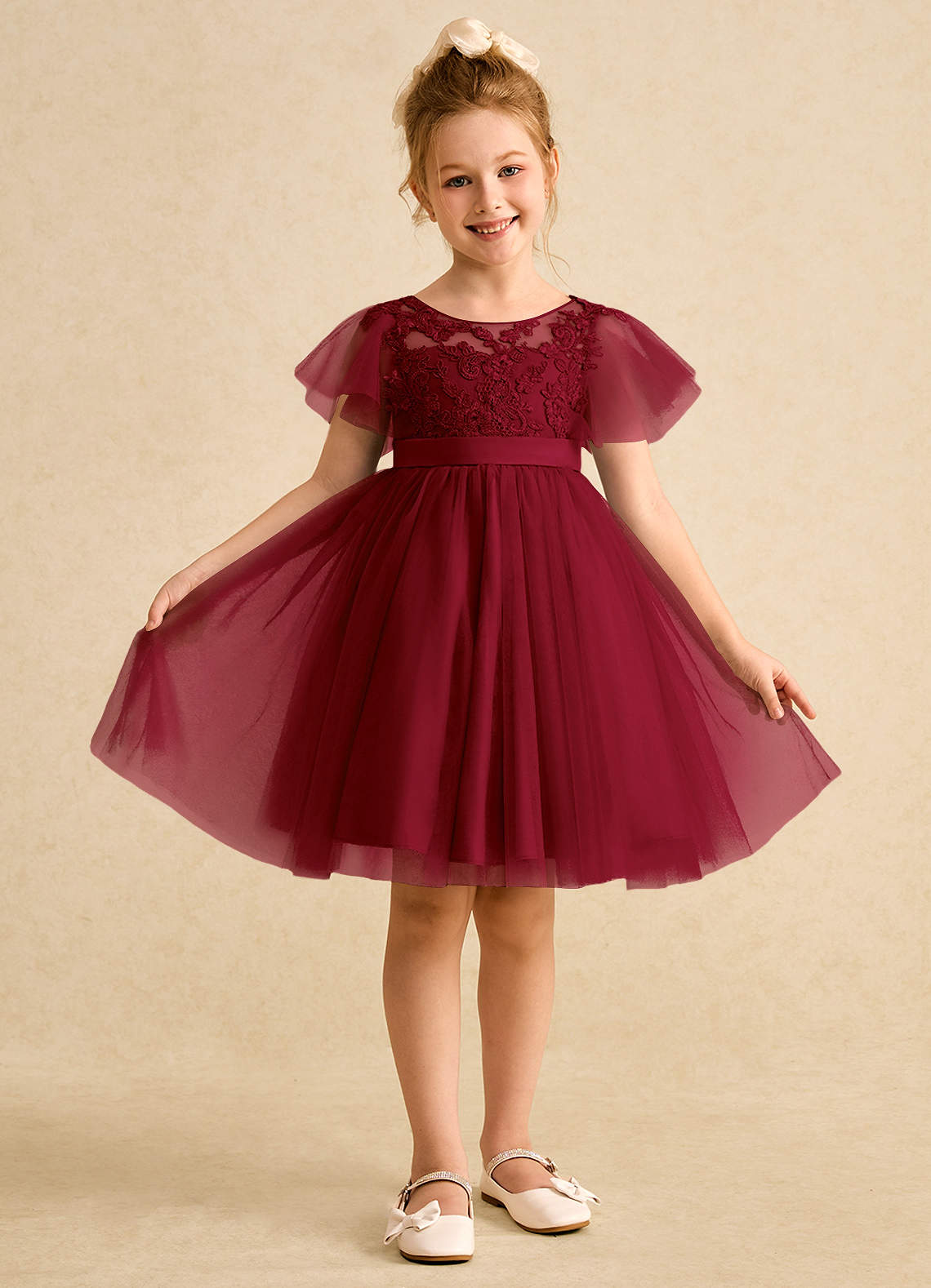 Azazie Queenie Flower Girl Dresses Burgundy A-Line Lace Dress image1