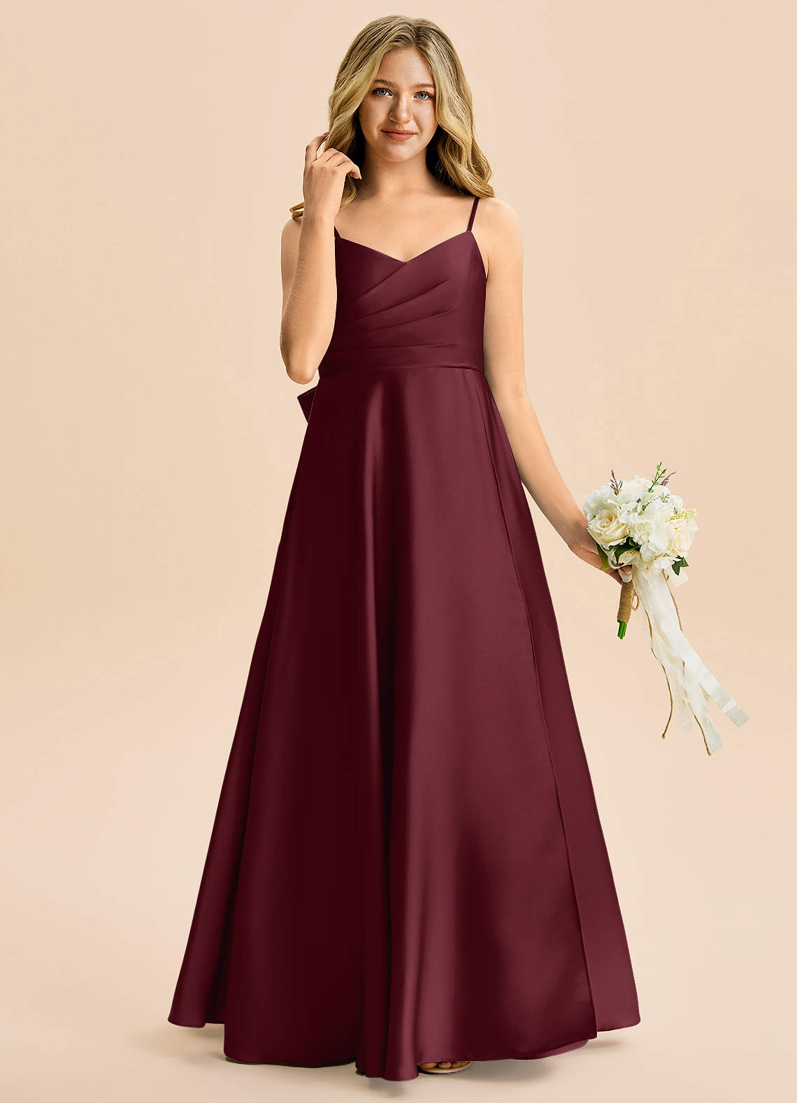 Azazie Rumi Junior Linia A Pofałdowany Satyna elastyczna Długość podłogi Młodsza druhna Sukienka image3