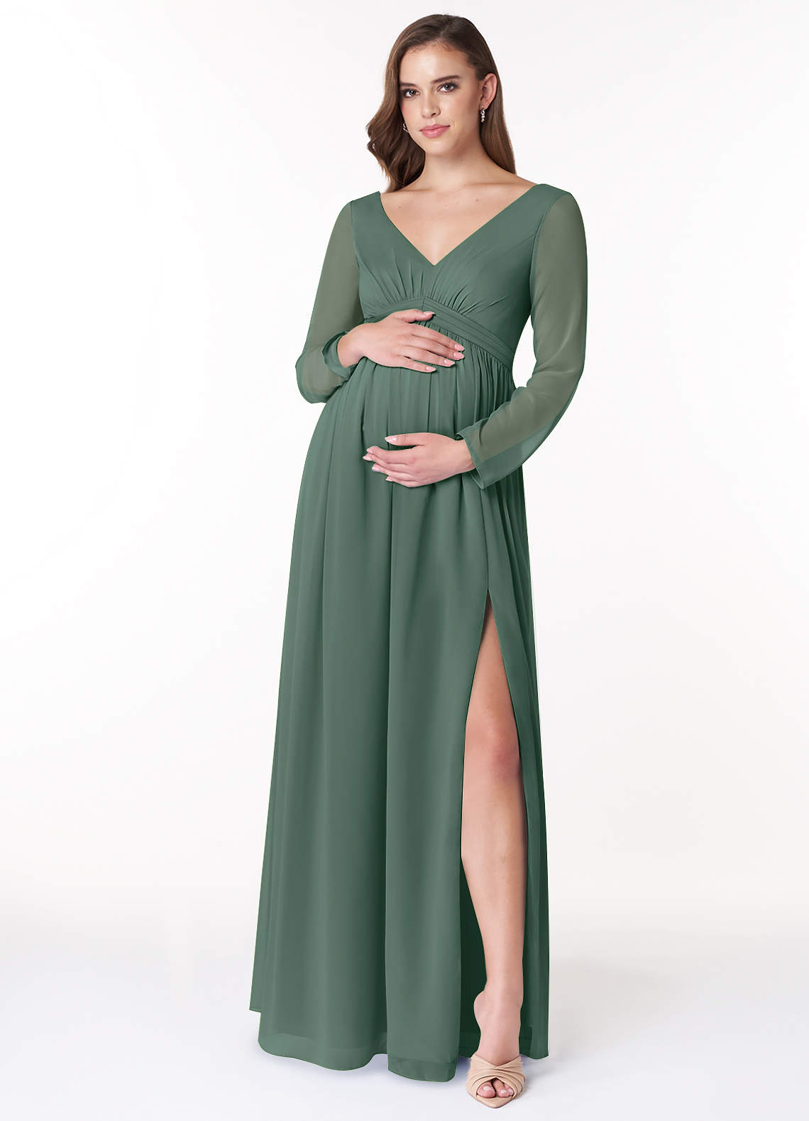 Azazie Teton Maternity Bridesmaid Dresses A-Line Long Sleeve Chiffon Floor-Length Dress image1