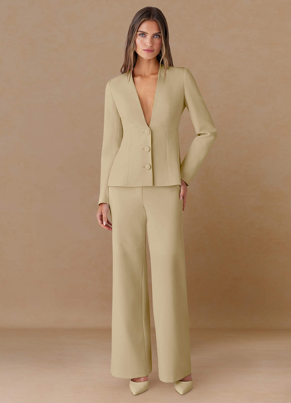 front Elara Champagne Refined Weave Tailored Blazer