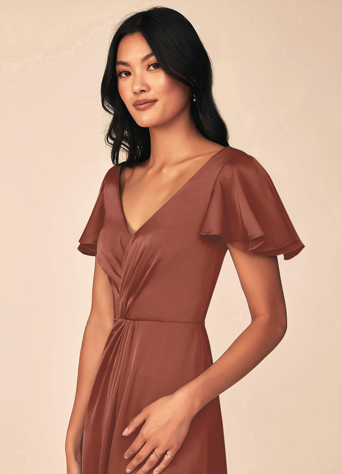 Azazie Soren Bridesmaid Dresses Auburn A-Line Pleated Stretch Satin Dress image6