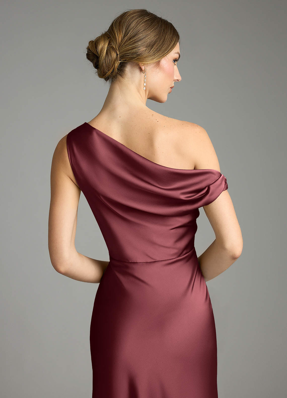 Azazie Emerson Bridesmaid Dresses Merlot Mermaid Off the Shoulder Stretch Satin Dress image6