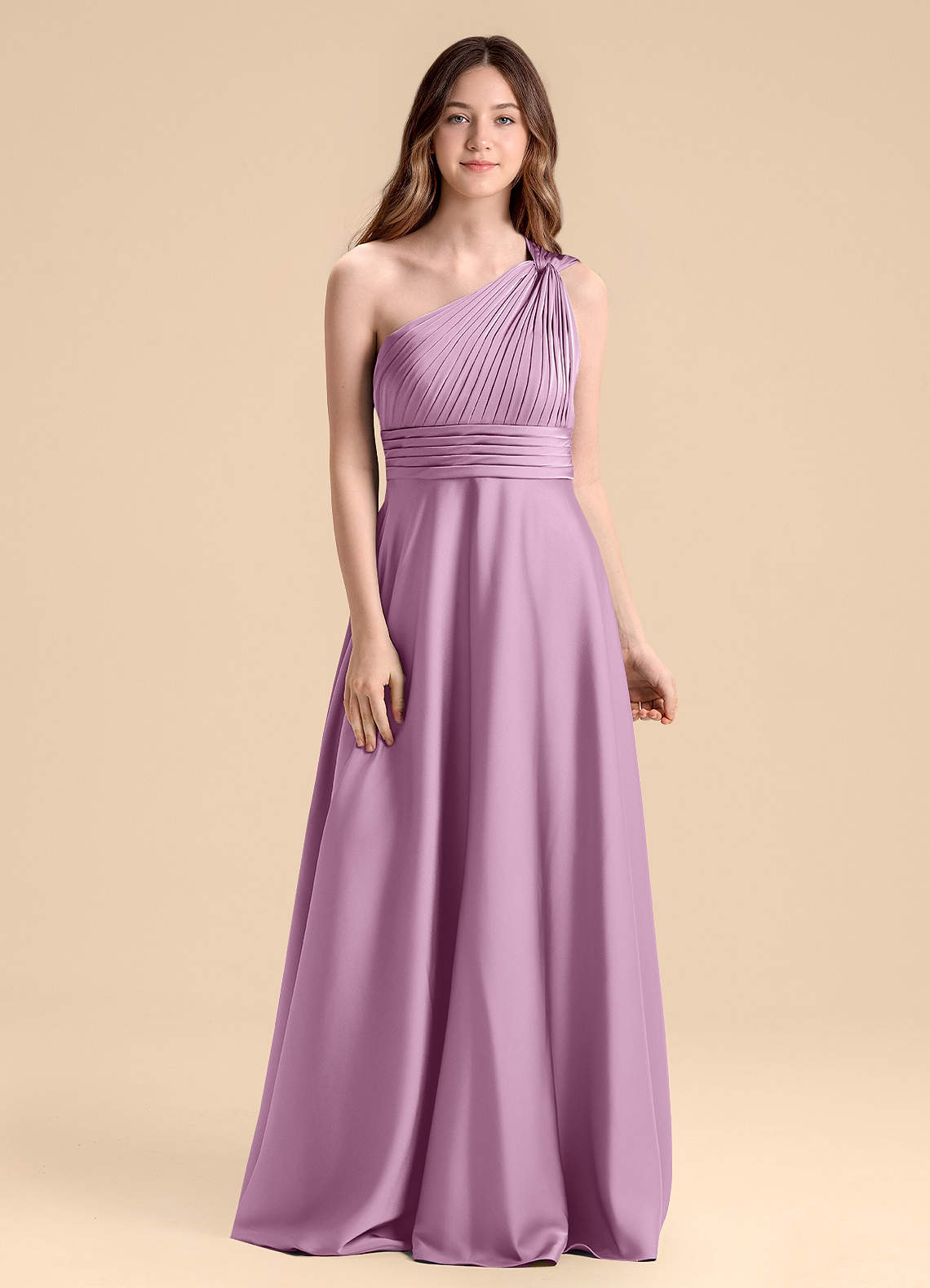 Azazie Charlize Junior Abito A-Line in Raso Elasticizzato Plissettato Glicine image1
