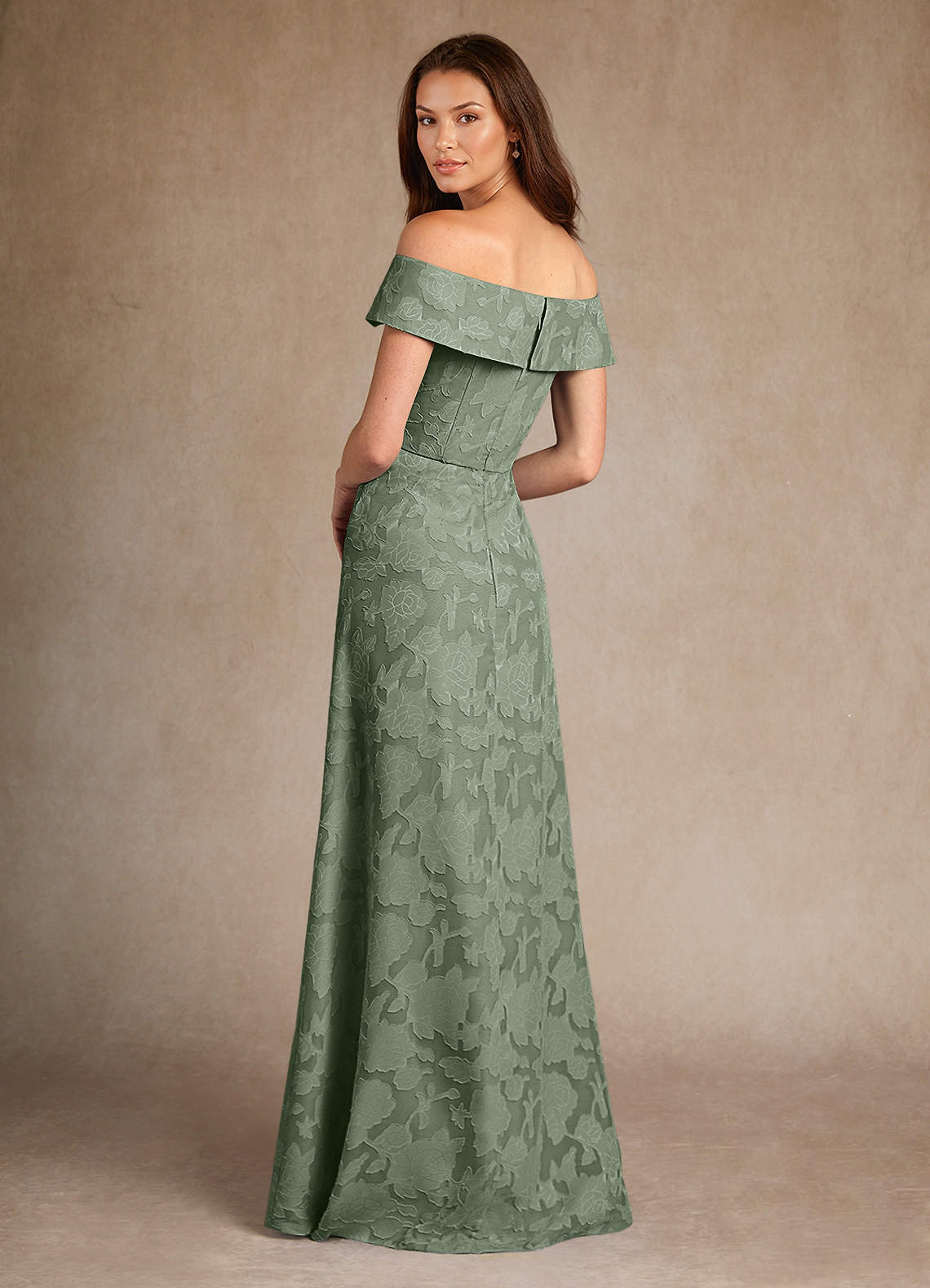 Azazie Medford Mother of the Bride Dresses Matcha A-Line Off the Shoulder Floral Burnout Dress image2