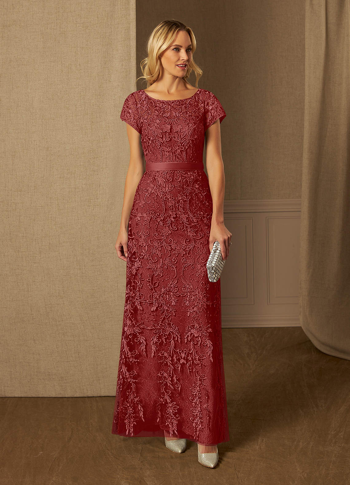 Azazie Dorit Mother of the Bride Dresses Rust Sheath Scoop Lace Dress image1