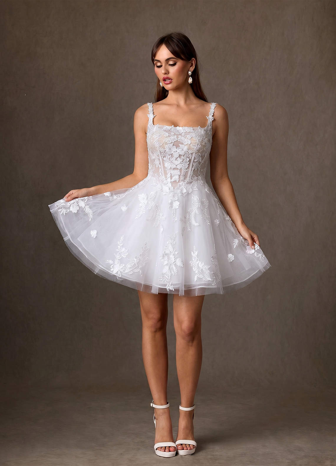 Azazie Darcy Diamond White Champagne A-Line Lace Dress | Azazie
